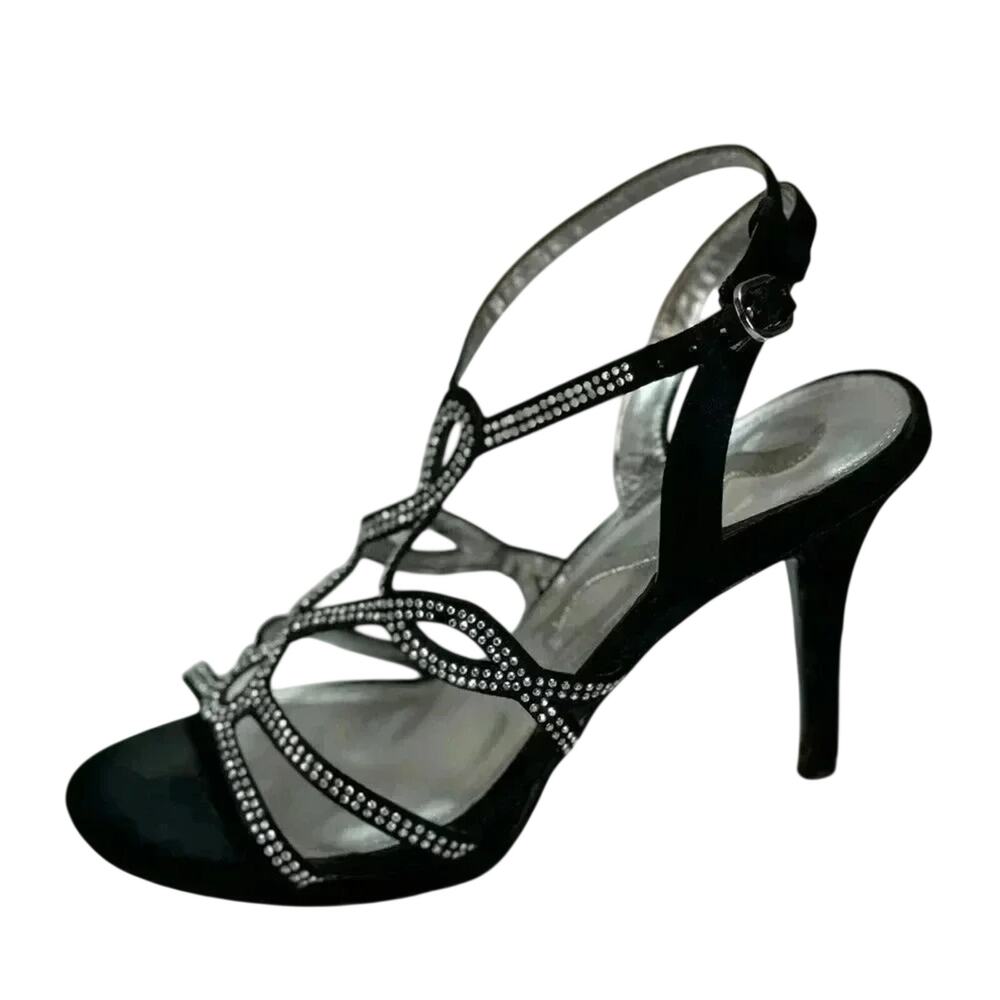 Nina Black Ankle Strap High-Heel Sandal w/ Rhinestone Straps Size 7.5